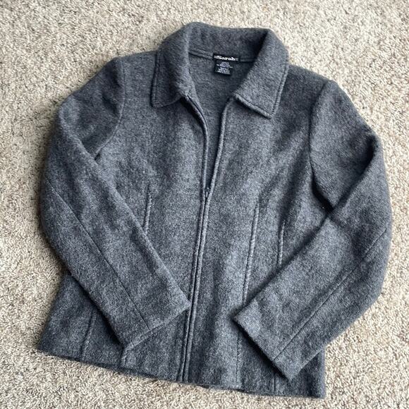 VINTAGE SARAH 100% Wool Structured Gray Collared Full-Zip Cardigan Size M - Picture 1 of 6